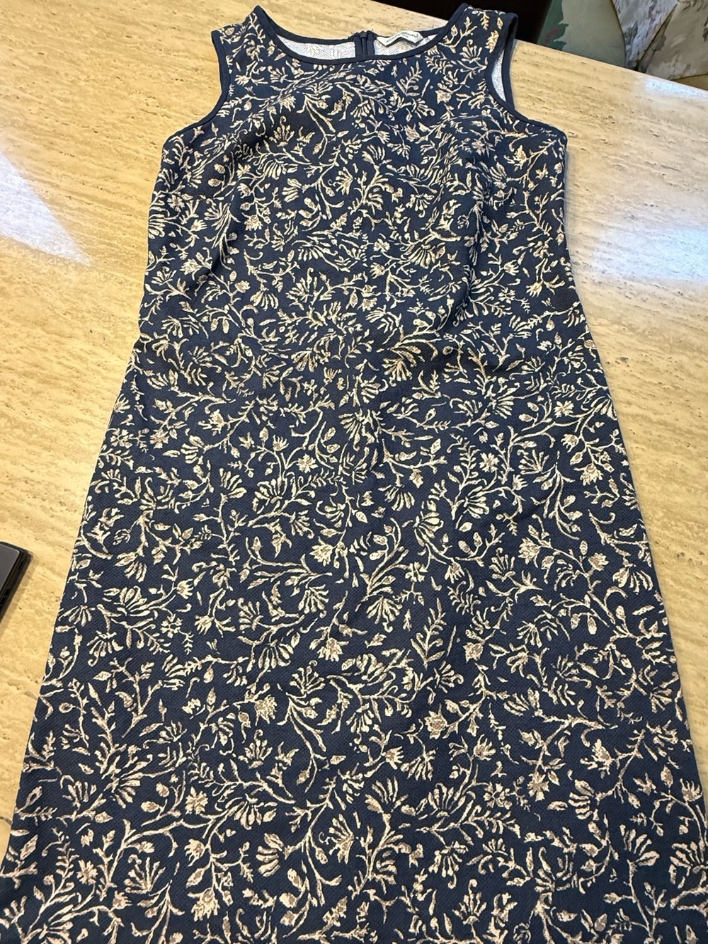 Eddie Bauer Navy Sleeveless size M cotton dress navy and gold Floral Jacquard